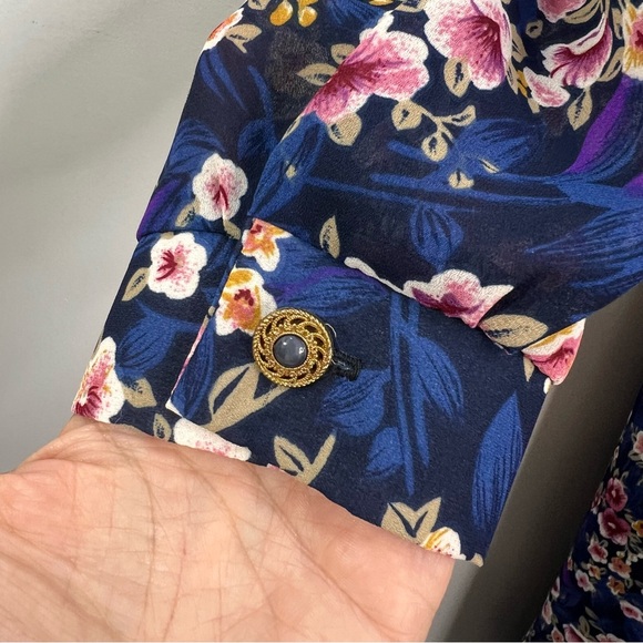 Vintage 80s blue floral chiffon sheer blouson belted long sleeve midi dress - Picture 12 of 17